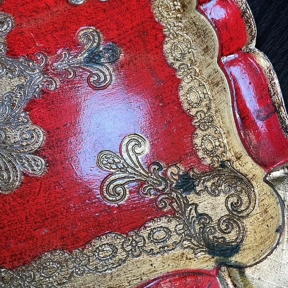Vintage Italian Red Gold Gilded Wooden Florentine Rectangular Tray - Picture 5 of 13